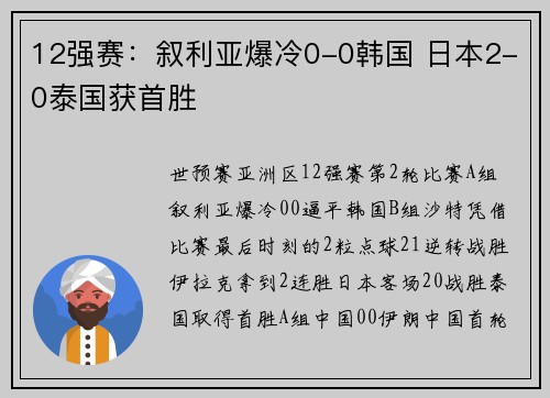 12强赛：叙利亚爆冷0-0韩国 日本2-0泰国获首胜