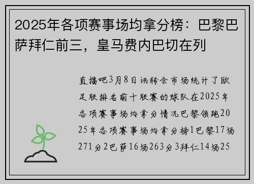 2025年各项赛事场均拿分榜：巴黎巴萨拜仁前三，皇马费内巴切在列