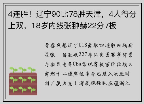 4连胜！辽宁90比78胜天津，4人得分上双，18岁内线张翀赫22分7板