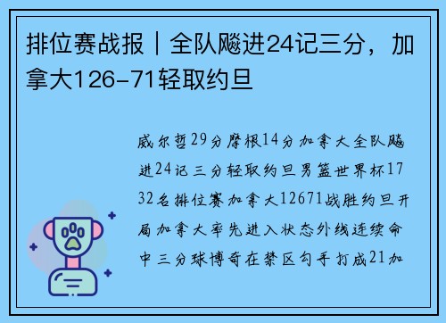 排位赛战报｜全队飚进24记三分，加拿大126-71轻取约旦